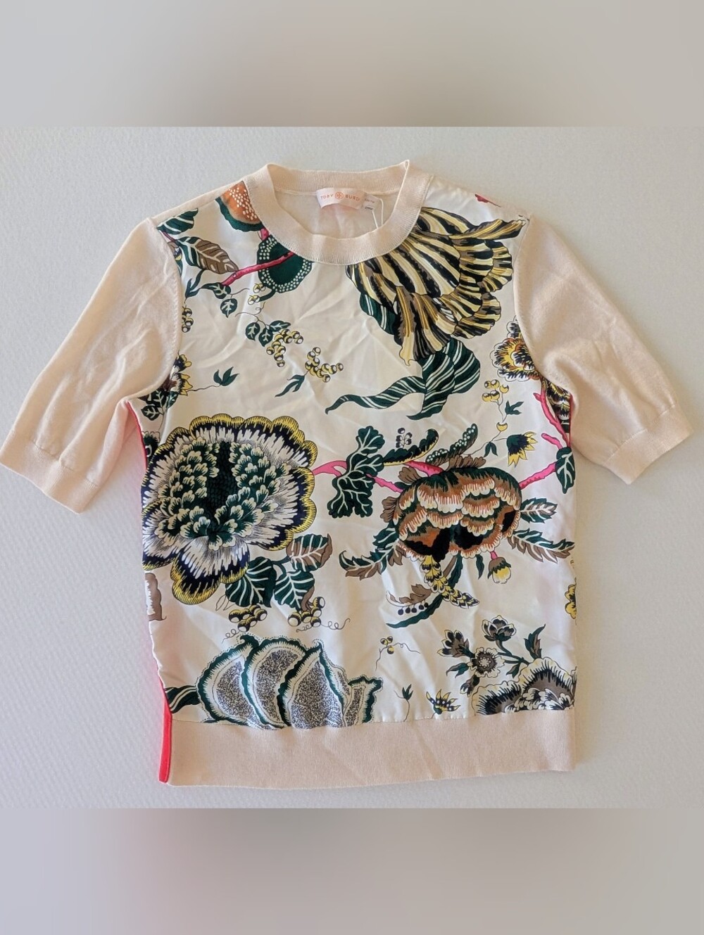 Tory Burch Jaclyn "Happy Times" short-sleeve Ivory sweater Merino Wool Silk XXS